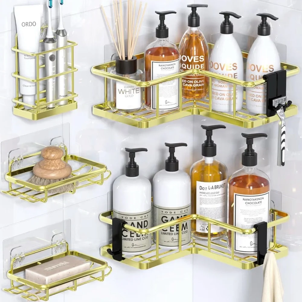5pc Self Adhesive Wall-Mounted Bathroom Organizer Set Shower Caddy No Drill Gold